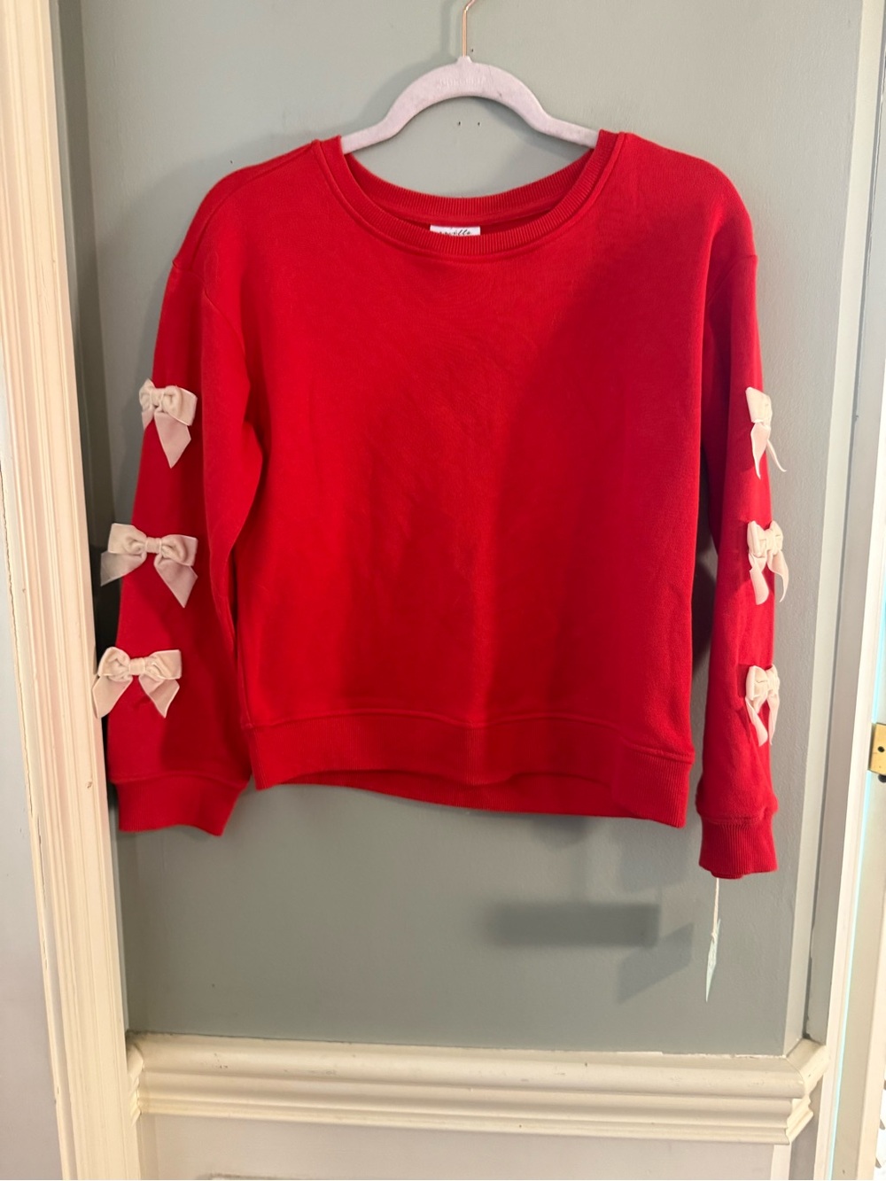 Owillo Kids XL Red Sweatshirt Pink Velvet Bow Sleeve Coquette Top